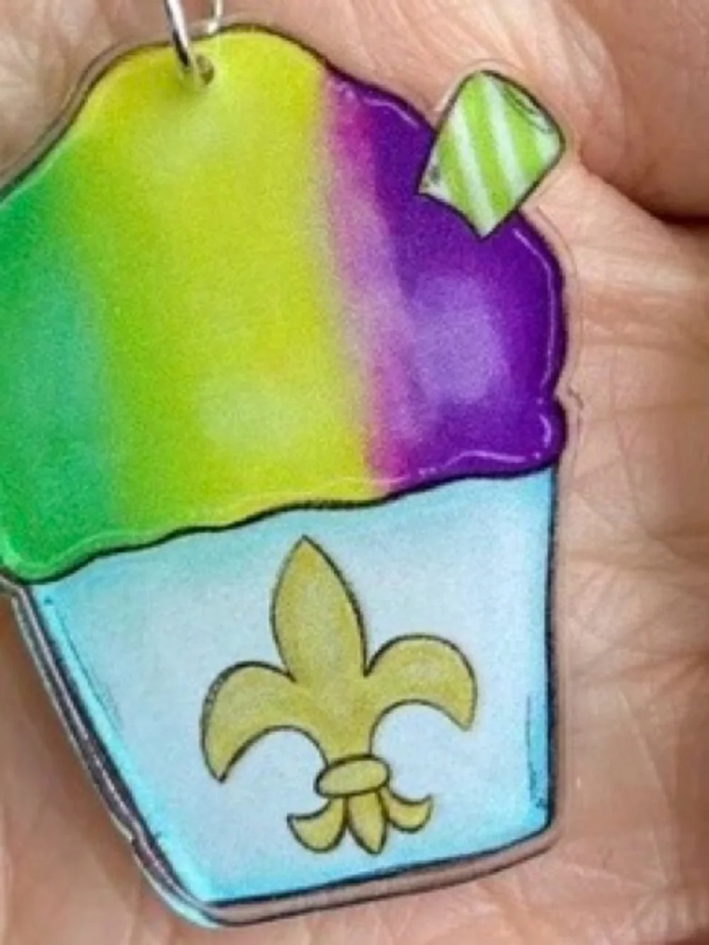 Purple Green Gold Fleur de Lis Snowball New Orleans Snow Cone Summer Earrings